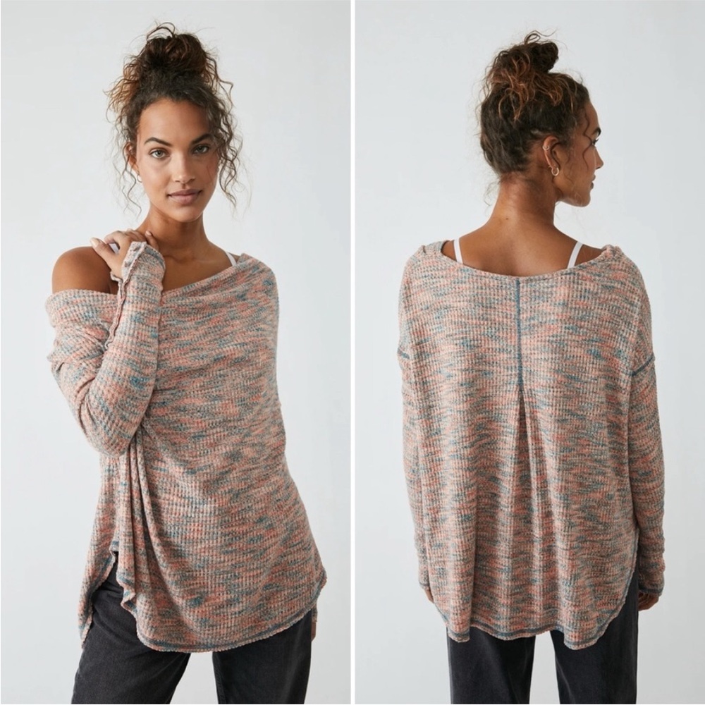 Free People Waffle Brushed Knit Sweater Orange and Teal Blue with Button Sleeves